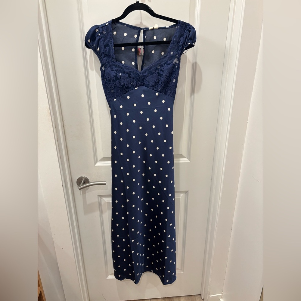 NWT Jessica Simpson Navy Navy Blue old Hollywood Polka Dot Satin & Lace Dress- S